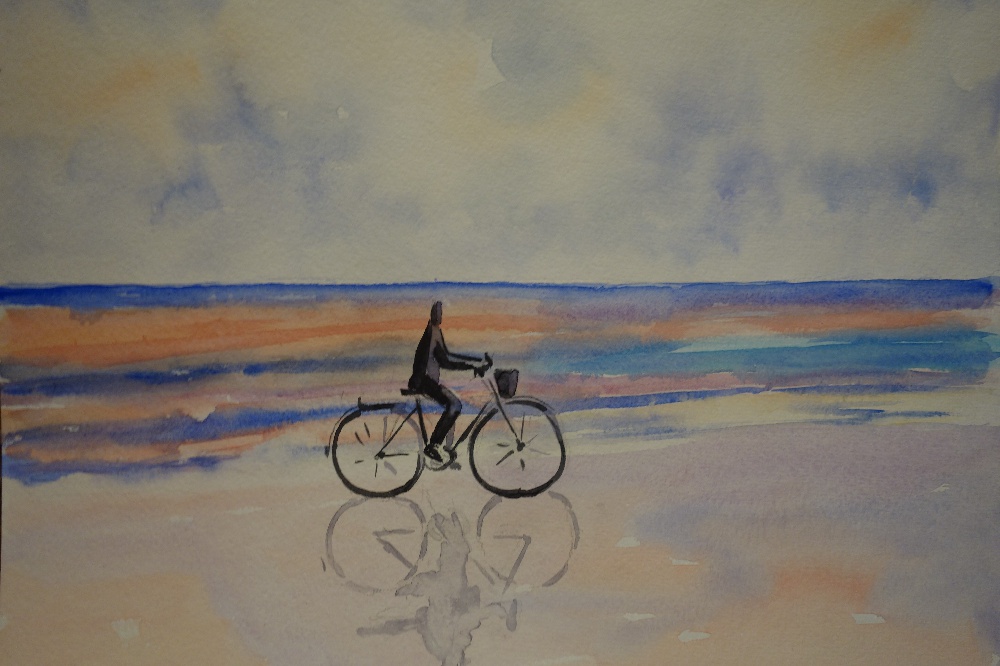 Ingrid Rigot - Radfahrer am Strand in der Abendsonne